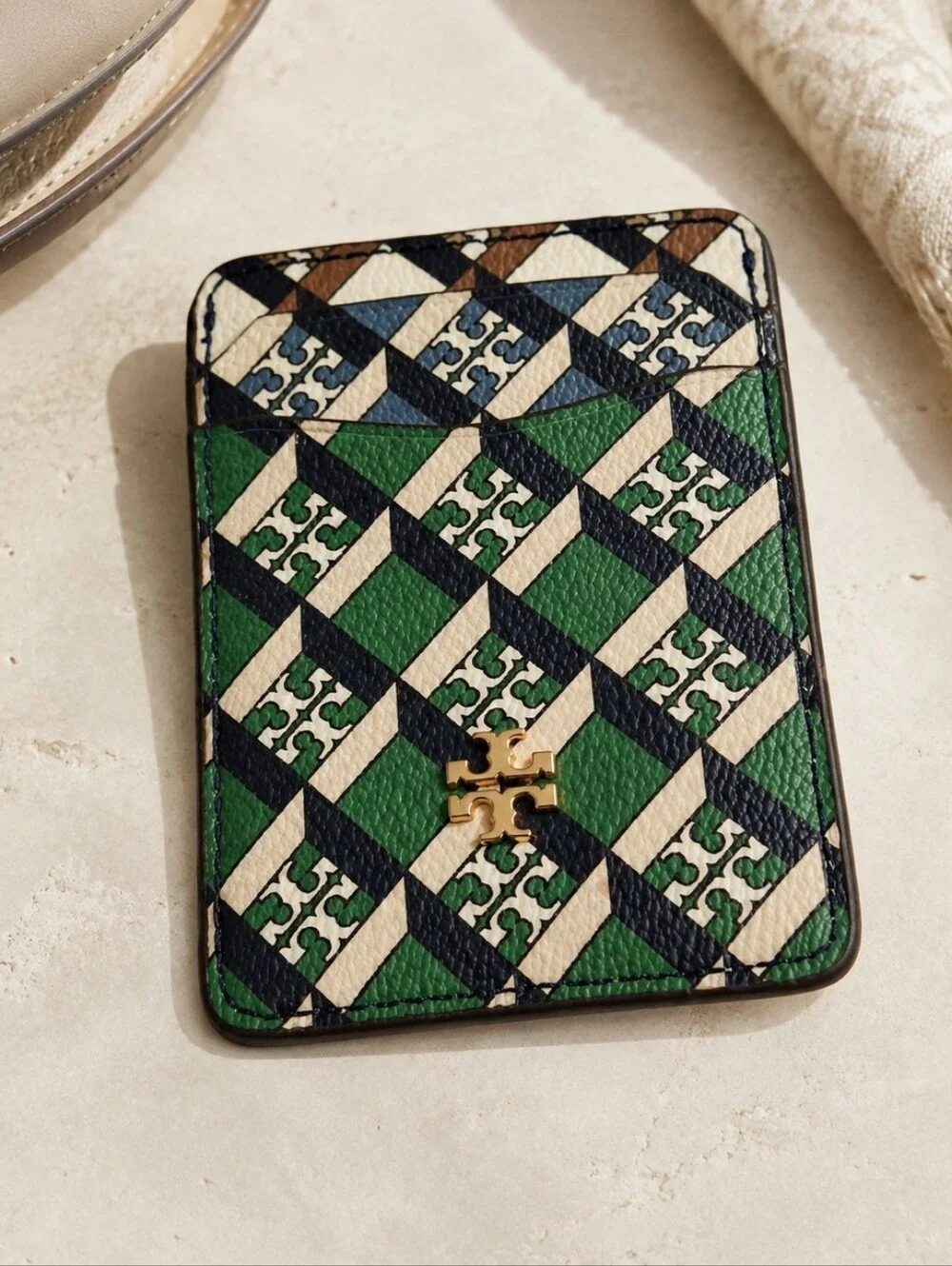 Tory Burch Geo Logo Color-Block Card Case Green Navy NWT Style 84754